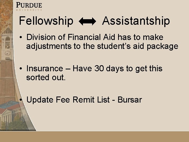Fellowship Assistantship • Division of Financial Aid has to make adjustments to the student’s