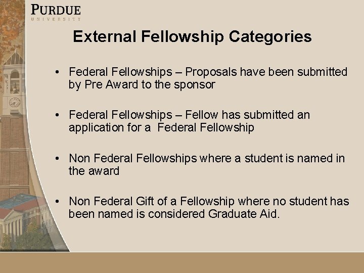 External Fellowship Categories • Federal Fellowships – Proposals have been submitted by Pre Award