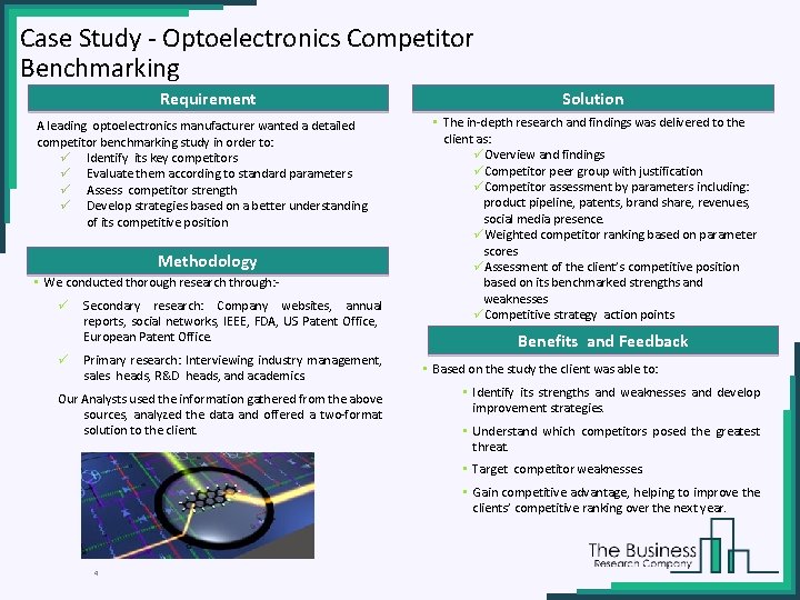 Case Study - Optoelectronics Competitor Benchmarking Requirement A leading optoelectronics manufacturer wanted a detailed