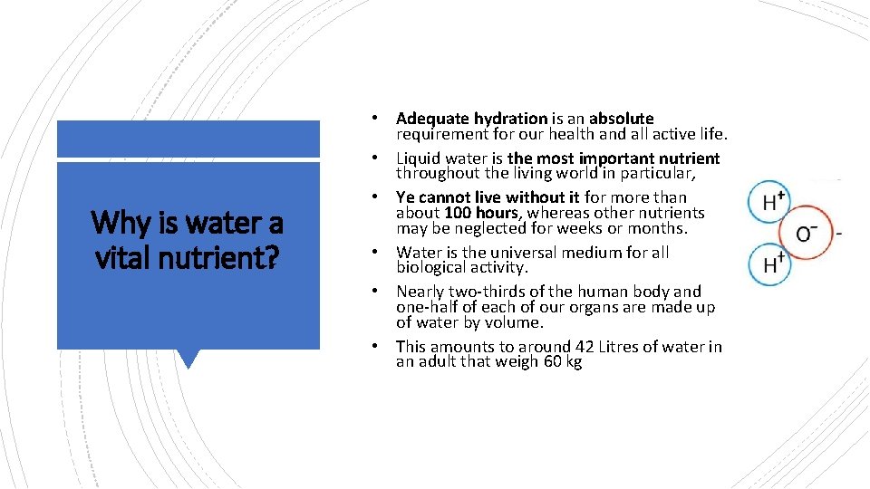 Why is water a vital nutrient? • Adequate hydration is an absolute requirement for Why is water a vital nutrient? • Adequate hydration is an absolute requirement for