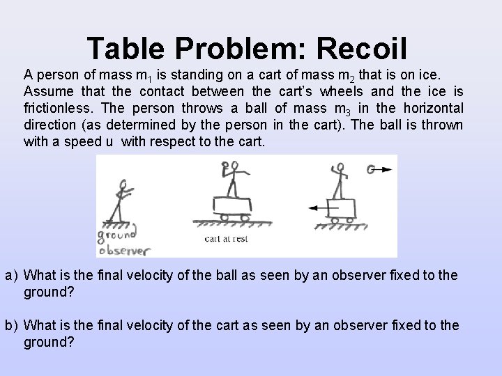 Table Problem: Recoil A person of mass m 1 is standing on a cart