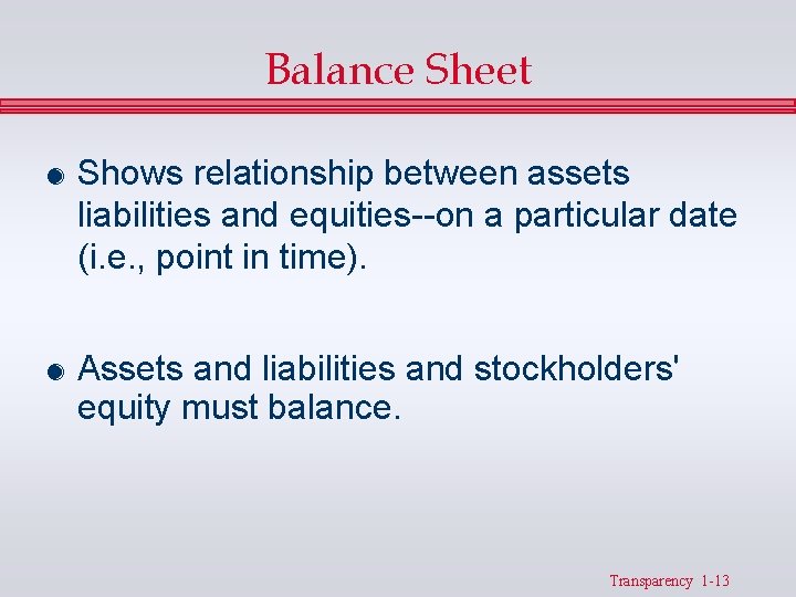 Balance Sheet & Shows relationship between assets liabilities and equities--on a particular date (i.