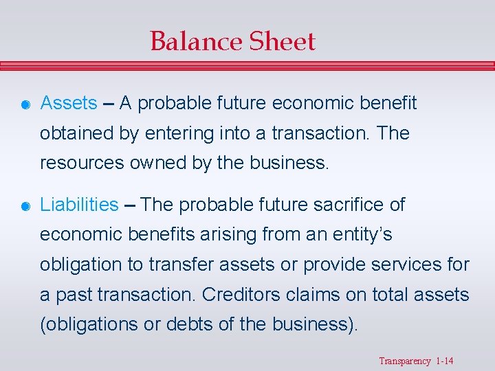 Balance Sheet & Assets – A probable future economic benefit obtained by entering into