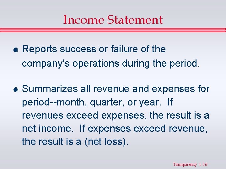 Income Statement & Reports success or failure of the company's operations during the period.