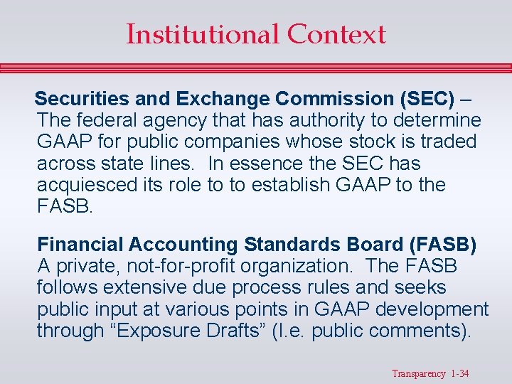 Institutional Context Securities and Exchange Commission (SEC) – The federal agency that has authority