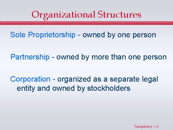 Organizational Structures Sole Proprietorship - owned by one person Partnership - owned by more