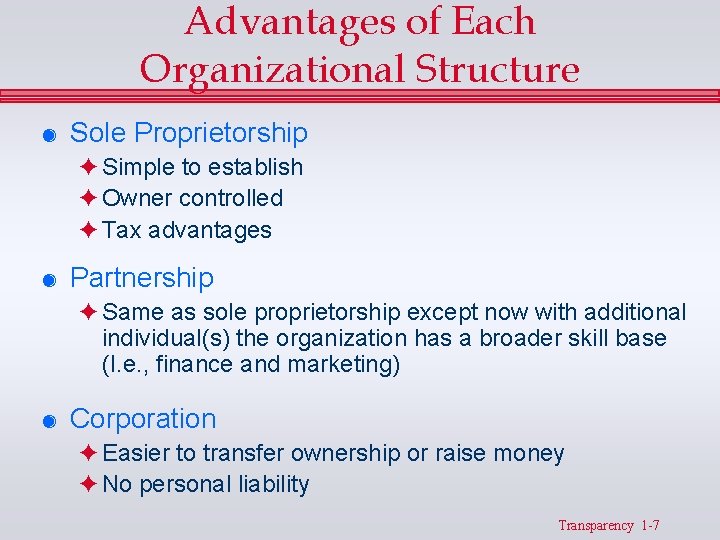Advantages of Each Organizational Structure & Sole Proprietorship F Simple to establish F Owner