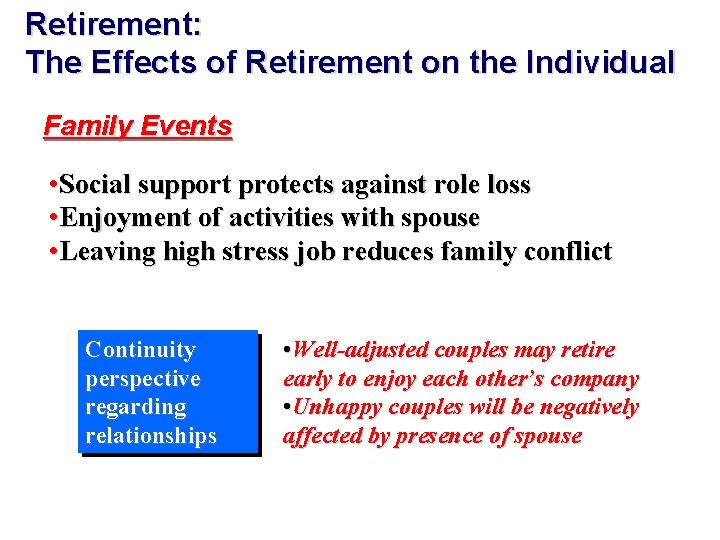 Retirement: The Effects of Retirement on the Individual Family Events • Social support protects