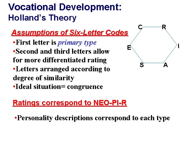 Vocational Development: Holland’s Theory Assumptions of Six-Letter Codes • First letter is primary type