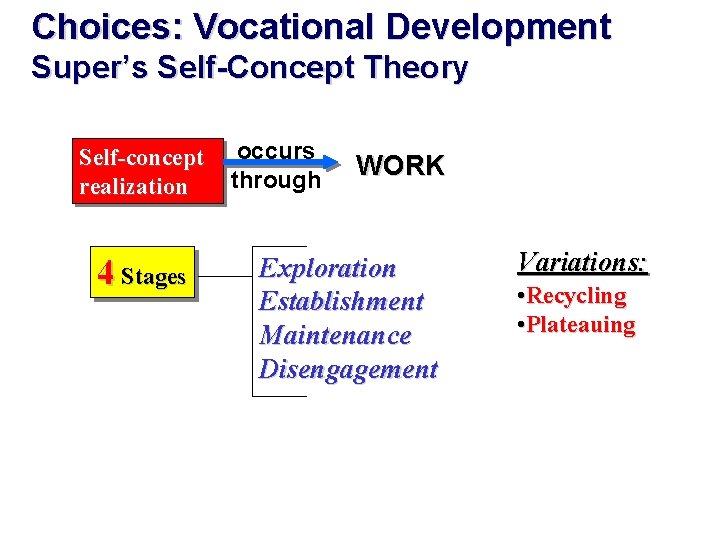 Choices: Vocational Development Super’s Self-Concept Theory Self-concept realization 4 Stages occurs through WORK Exploration