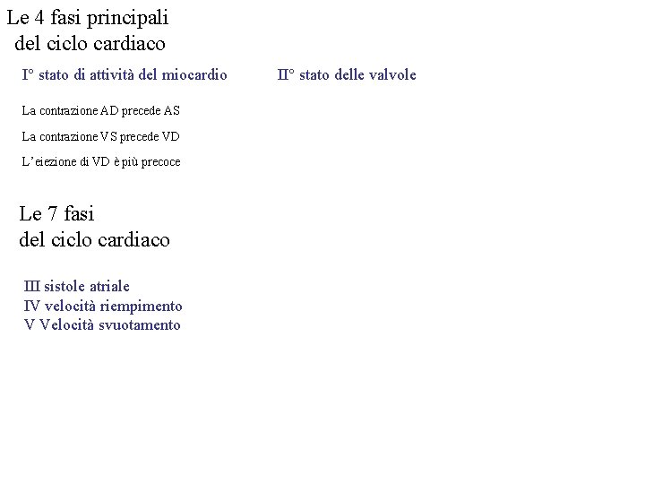 Le 4 fasi principali del ciclo cardiaco I° stato di attività del miocardio La