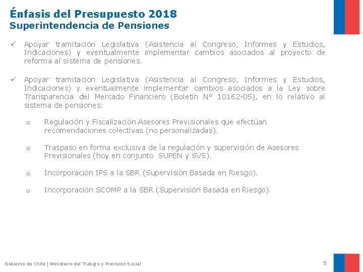 Énfasis del Presupuesto 2018 Superintendencia de Pensiones ü Apoyar tramitación Legislativa (Asistencia al Congreso,