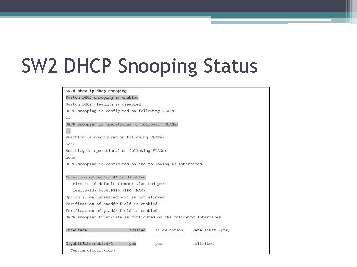 SW 2 DHCP Snooping Status 