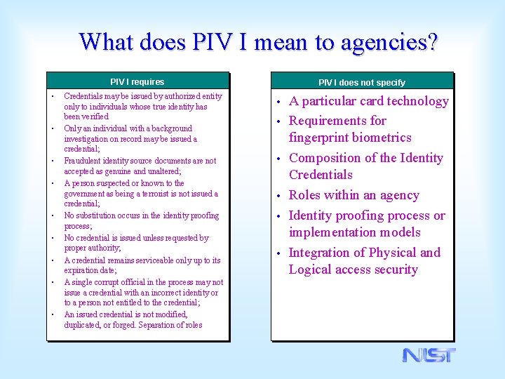 What does PIV I mean to agencies? PIV I requires • • • Credentials