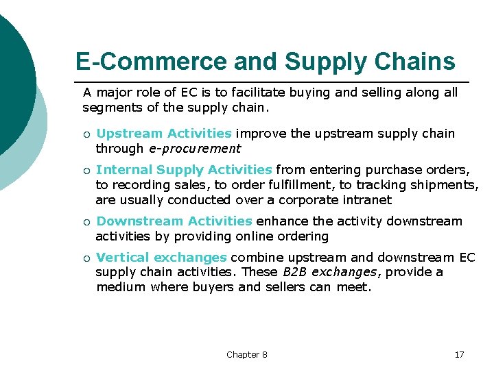 E-Commerce and Supply Chains A major role of EC is to facilitate buying and