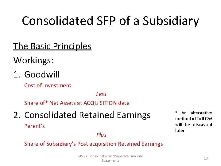 Consolidated SFP of a Subsidiary The Basic Principles Workings: 1. Goodwill Cost of Investment