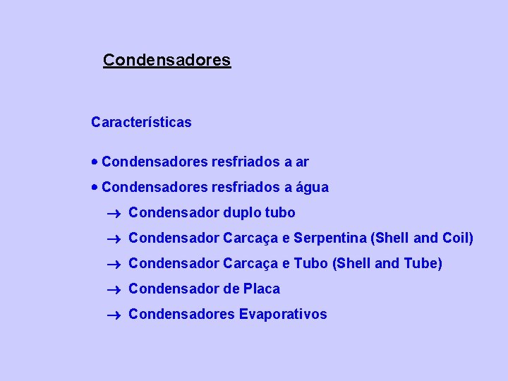 Condensadores Características Condensadores resfriados a ar Condensadores resfriados a água Condensador duplo tubo Condensador