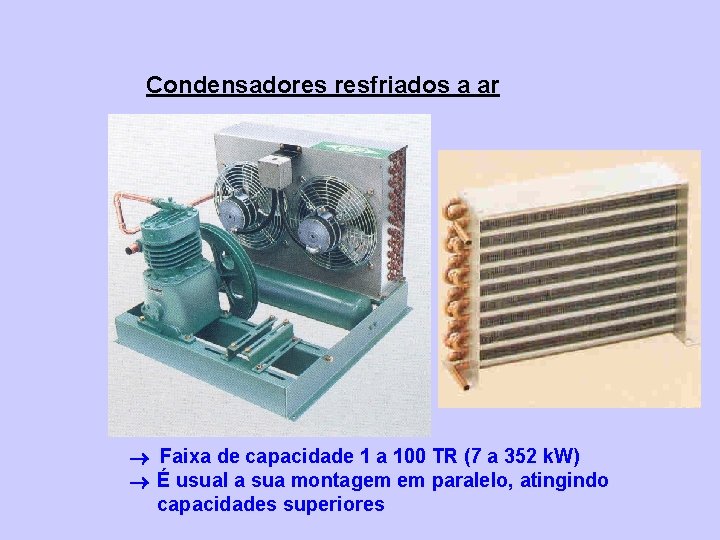 Condensadores resfriados a ar Faixa de capacidade 1 a 100 TR (7 a 352