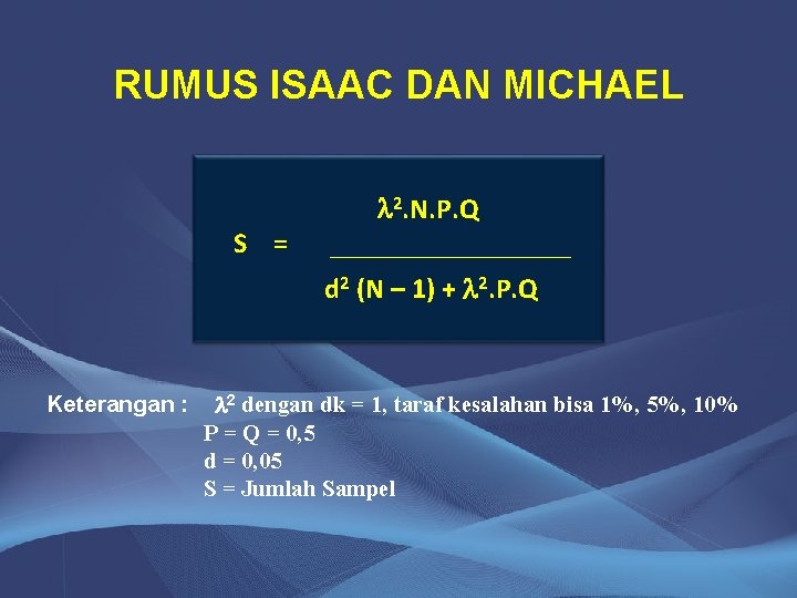 RUMUS ISAAC DAN MICHAEL S = 2. N. P. Q d 2 (N –