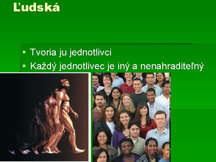 Ľudská § Tvoria ju jednotlivci § Každý jednotlivec je iný a nenahraditeľný 