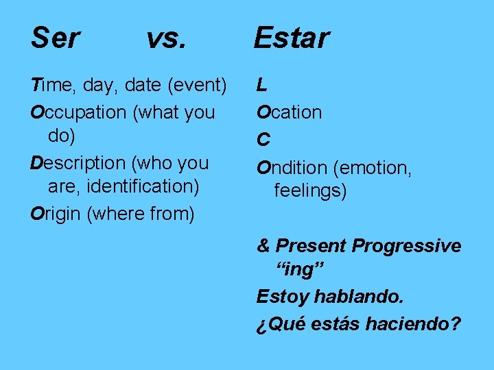 Ser vs. Time, day, date (event) Occupation (what you do) Description (who you are,