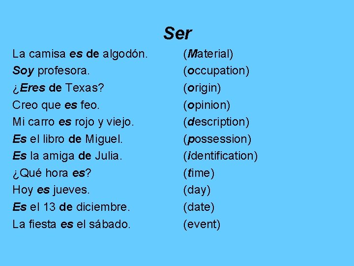 Ser La camisa es de algodón. Soy profesora. ¿Eres de Texas? Creo que es