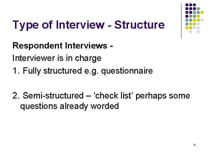 Type of Interview - Structure Respondent Interviews Interviewer is in charge 1. Fully structured