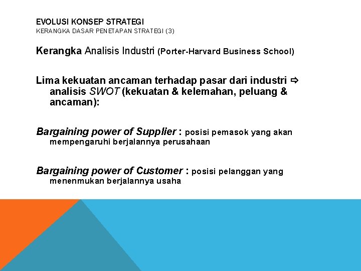 EVOLUSI KONSEP STRATEGI KERANGKA DASAR PENETAPAN STRATEGI (3) Kerangka Analisis Industri (Porter-Harvard Business School)