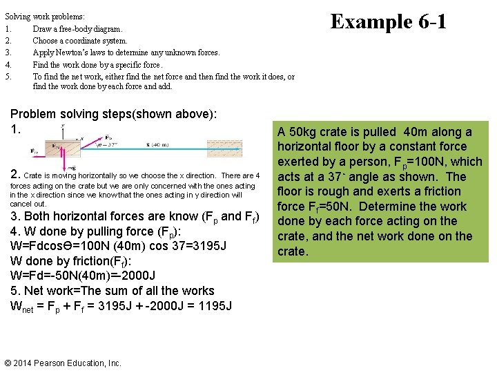 Solving work problems: 1. Draw a free-body diagram. 2. Choose a coordinate system. 3.