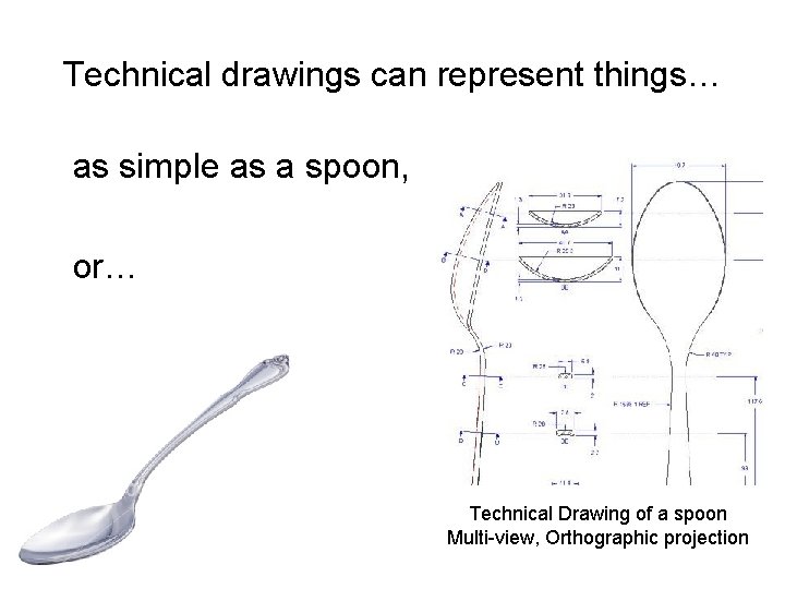 Technical drawings can represent things… as simple as a spoon, or… Technical Drawing of