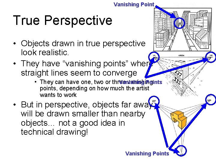 Vanishing Point True Perspective • Objects drawn in true perspective look realistic. • They