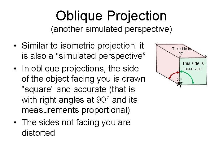 Oblique Projection (another simulated perspective) • Similar to isometric projection, it is also a