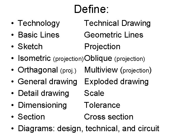 Define: • • • Technology Technical Drawing Basic Lines Geometric Lines Sketch Projection Isometric