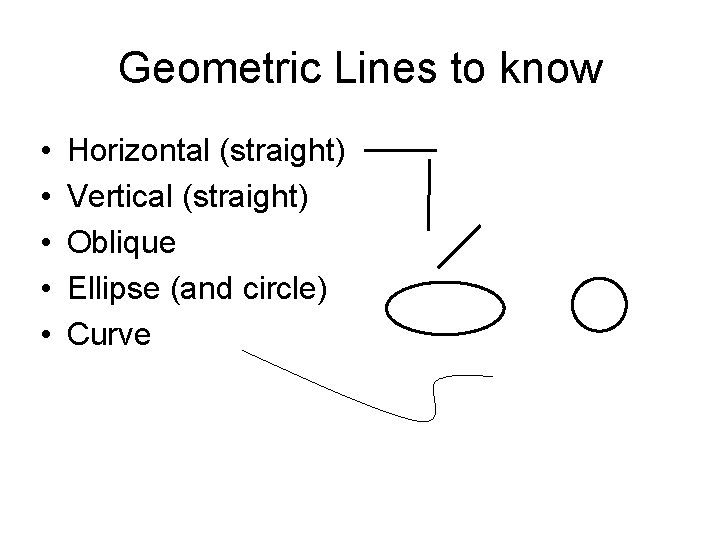 Geometric Lines to know • • • Horizontal (straight) Vertical (straight) Oblique Ellipse (and