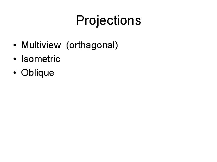 Projections • Multiview (orthagonal) • Isometric • Oblique 