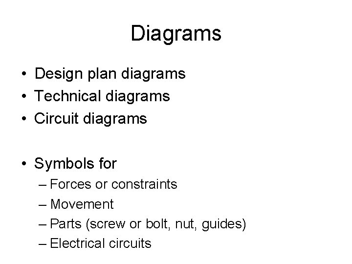 Diagrams • Design plan diagrams • Technical diagrams • Circuit diagrams • Symbols for