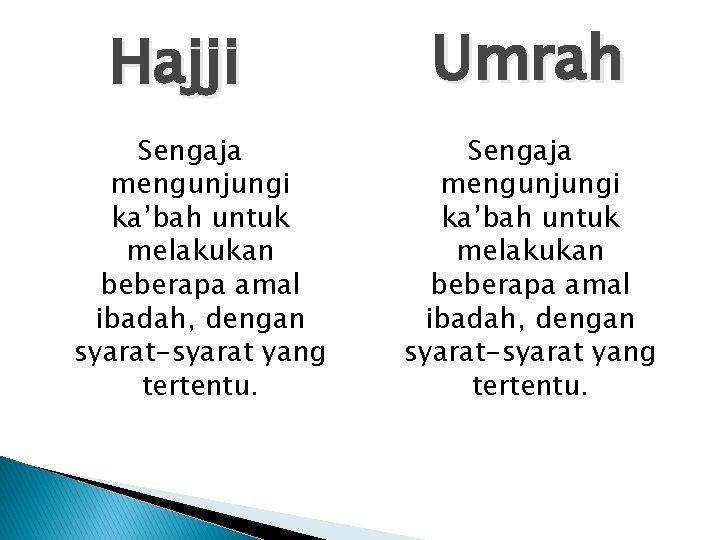 Hajji Sengaja mengunjungi ka’bah untuk melakukan beberapa amal ibadah, dengan syarat-syarat yang tertentu. Umrah