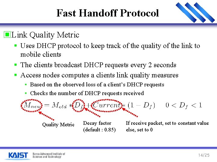 Fast Handoff Protocol ▣Link Quality Metric § Uses DHCP protocol to keep track of Fast Handoff Protocol ▣Link Quality Metric § Uses DHCP protocol to keep track of