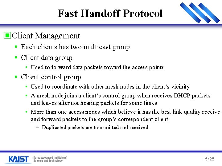 Fast Handoff Protocol ▣Client Management § Each clients has two multicast group § Client Fast Handoff Protocol ▣Client Management § Each clients has two multicast group § Client