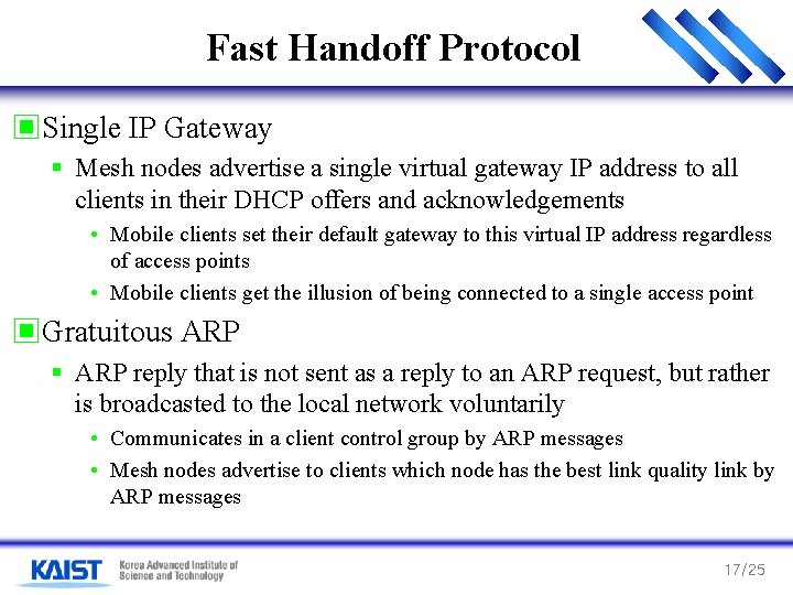Fast Handoff Protocol ▣Single IP Gateway § Mesh nodes advertise a single virtual gateway Fast Handoff Protocol ▣Single IP Gateway § Mesh nodes advertise a single virtual gateway