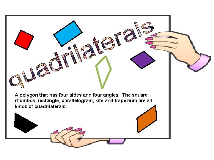 A polygon that has four sides and four angles. The square, rhombus, rectangle, parallelogram,