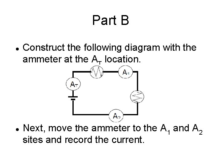 Part B Construct the following diagram with the ammeter at the AT location. Next, Part B Construct the following diagram with the ammeter at the AT location. Next,