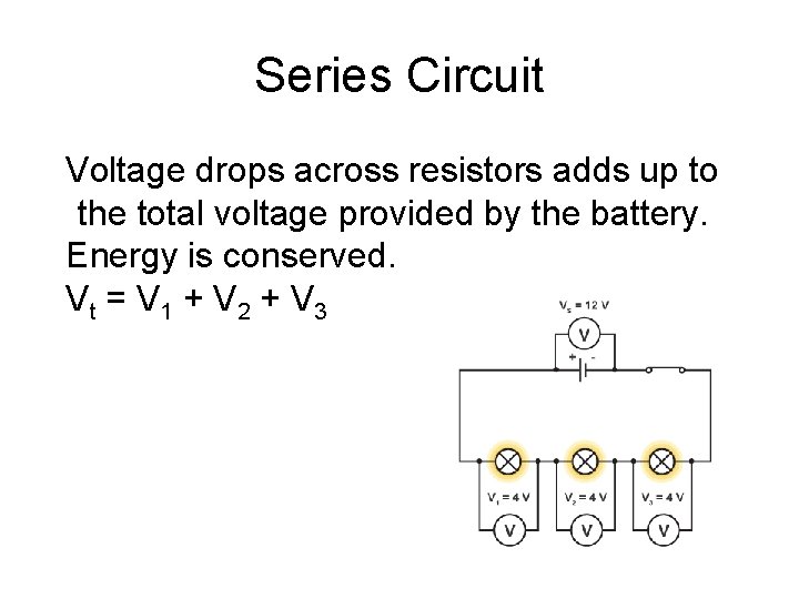 Series Circuit Voltage drops across resistors adds up to the total voltage provided by Series Circuit Voltage drops across resistors adds up to the total voltage provided by