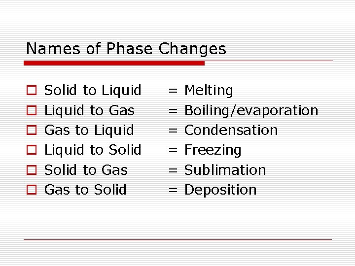 Names of Phase Changes o o o Solid to Liquid to Gas to Liquid Names of Phase Changes o o o Solid to Liquid to Gas to Liquid