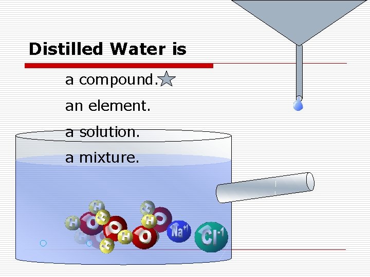 Distilled Water is a compound. an element. a solution. a mixture. Distilled Water is a compound. an element. a solution. a mixture.