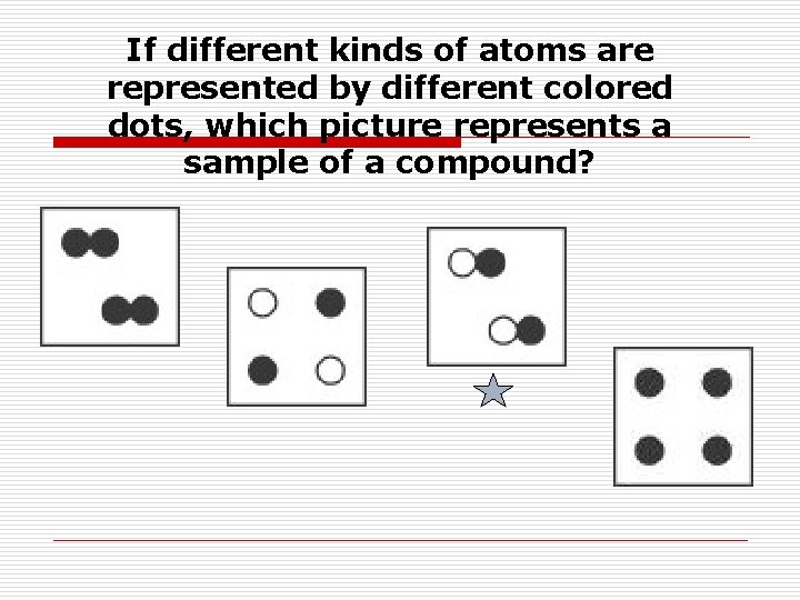If different kinds of atoms are represented by different colored dots, which picture represents If different kinds of atoms are represented by different colored dots, which picture represents