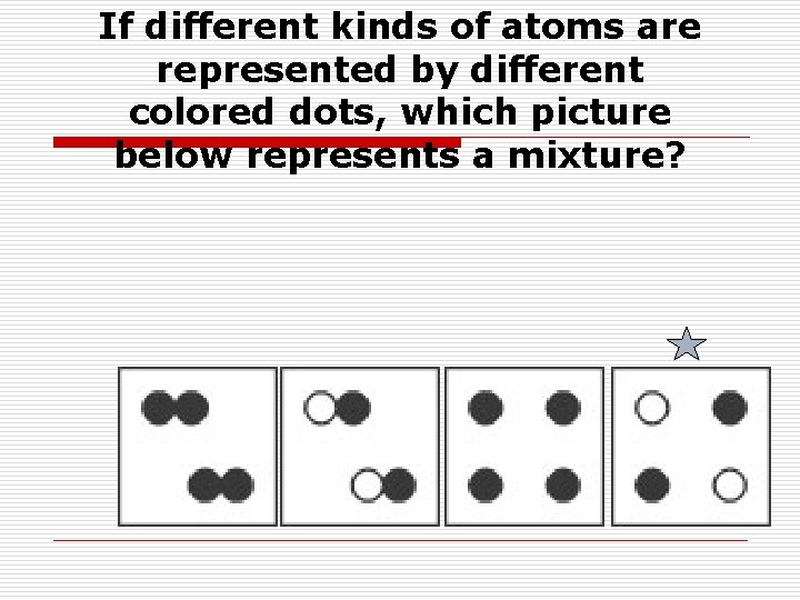 If different kinds of atoms are represented by different colored dots, which picture below If different kinds of atoms are represented by different colored dots, which picture below
