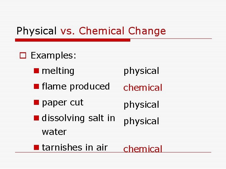 Physical vs. Chemical Change o Examples: n melting physical n flame produced chemical n Physical vs. Chemical Change o Examples: n melting physical n flame produced chemical n