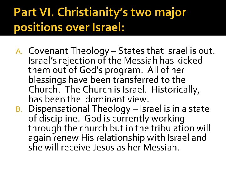 Part VI. Christianity’s two major positions over Israel: Covenant Theology – States that Israel