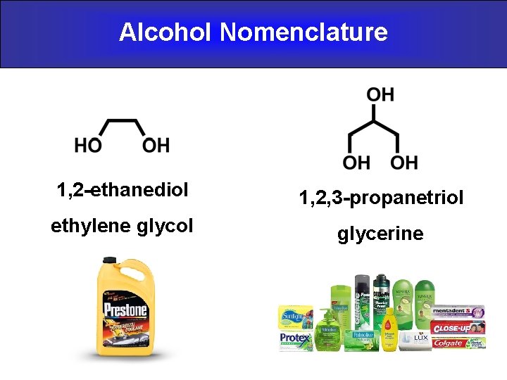 Alcohol Nomenclature 1, 2 -ethanediol 1, 2, 3 -propanetriol ethylene glycol glycerine 